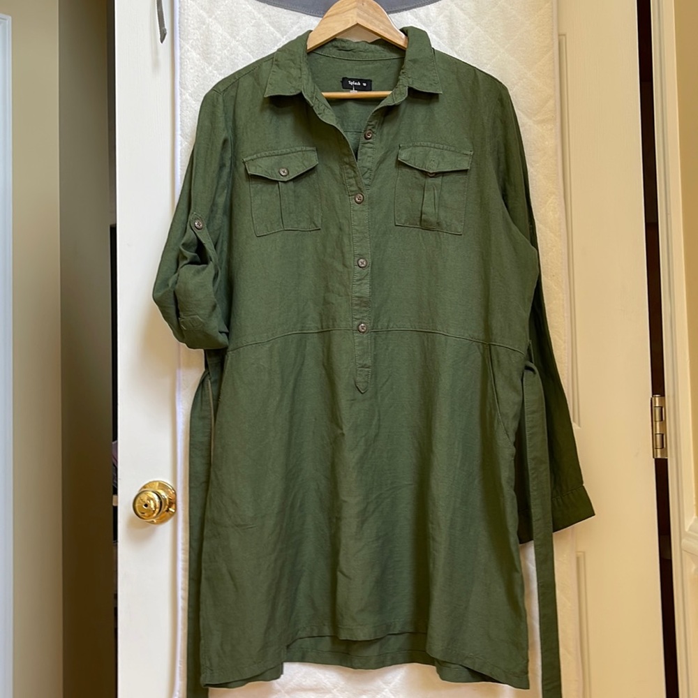 Splash Khaki Mini Dress with Rolled-Up Sleeves, Size 18
